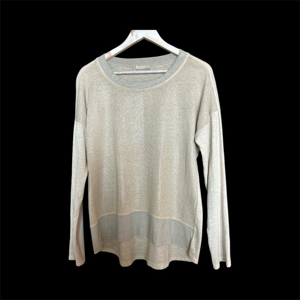 Made in Italy Light Beige Metallic Sheer Panel Knit Sweater Lightweight Large